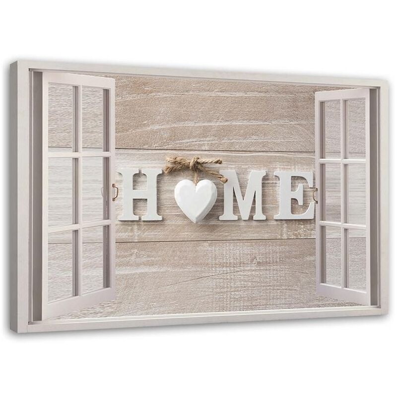 Tableau sur toile, Inscription Maison sur bois clair dans la fenêtre - 120x80