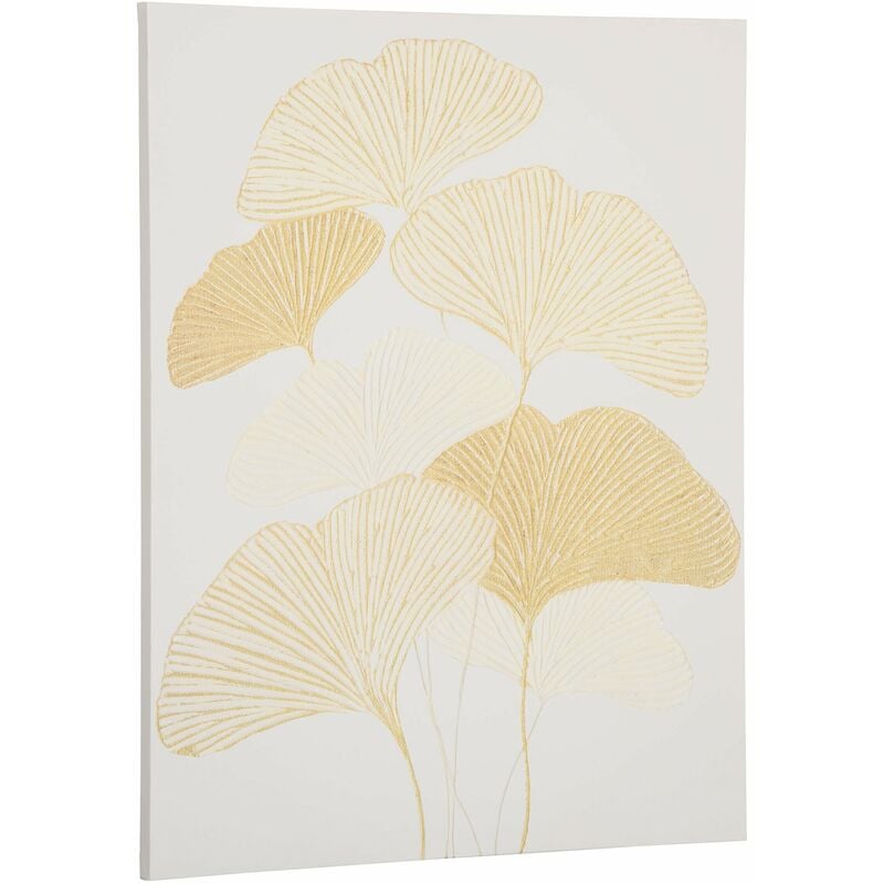 Tableau imprimé et peint feuilles ginkgo biloba - dim. 100L x 80l cm - décoration murale - toile 100% polyester structure bois de pin encre dorée