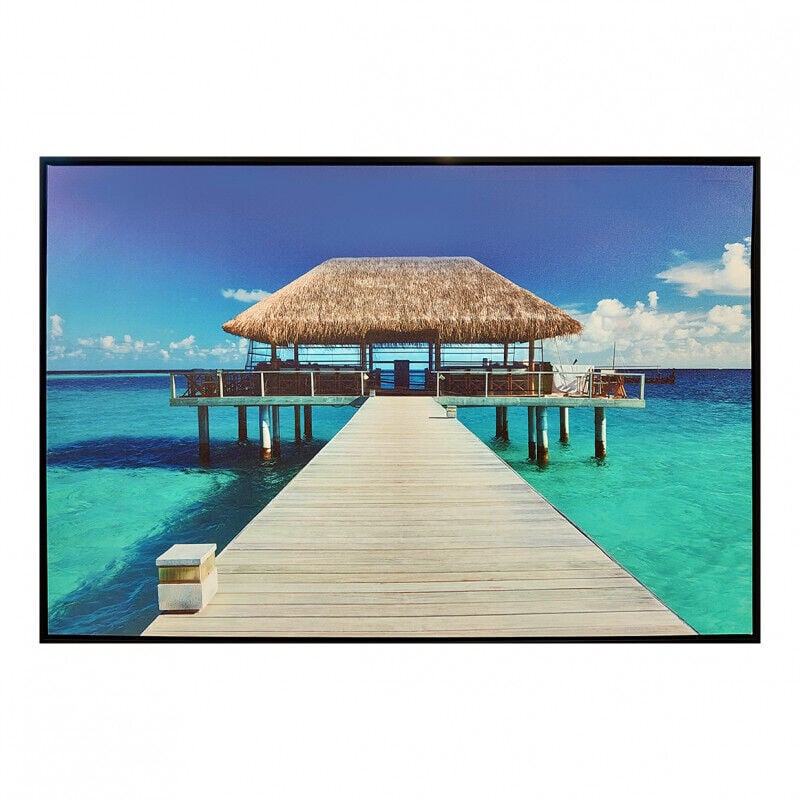 Tableau imprimé maison sur pilotis et cadre bois noir 60x90 cm - bora