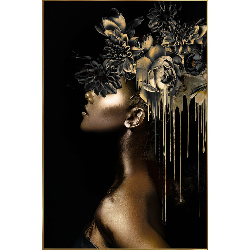 Tableau imprimé jeune fille dorée, photo en verre trempé avec cadre en bois doré - Longueur 80 x Profondeur 2 x Hauteur 120 cm