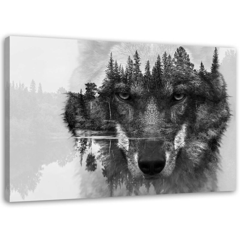 Image sur toile, Loup noir sur fond d'abstraction de forêt et de lac - 90x60
