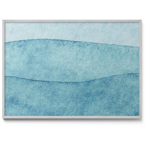 Tableau Magnétique décoratif en Métal – idéal pour Aimants - Vagues bleues aquarelles - Minimaliste - Cadre Argenté - 100x70 cm - Panneau Magnétique