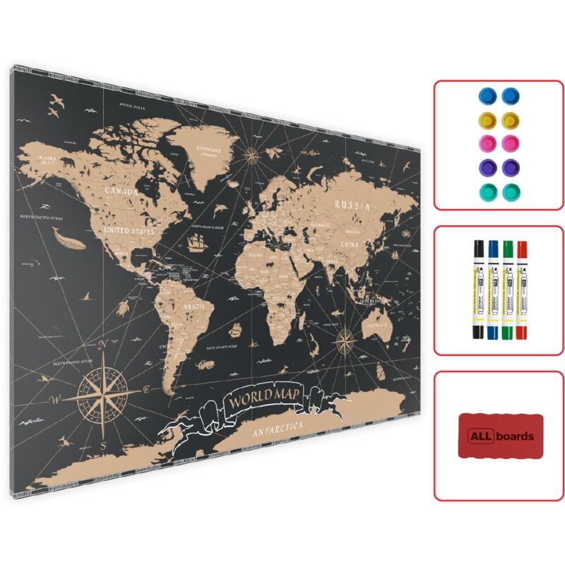Tableau Magnétique en Métal Motif Carte du Monde Noir Vintage 90x60cm, MetalBoards pour tout type d'