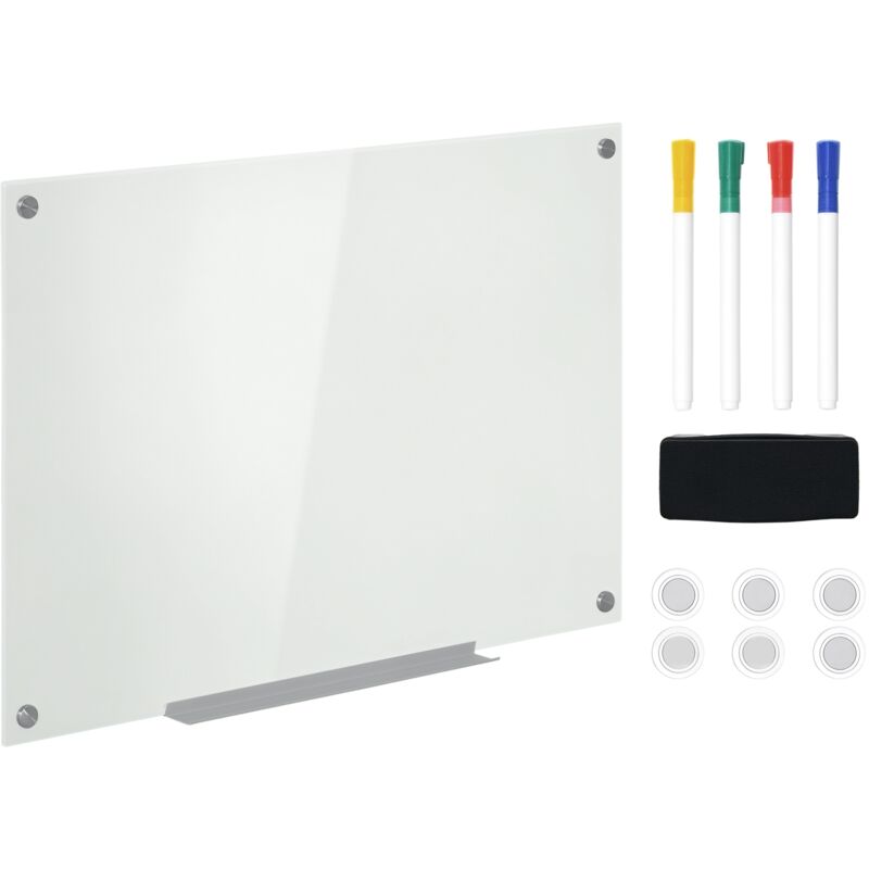 Tableau magnétique en verre dim. 90L x 60l cm - gouttière alu, matériel de fixation et accessoires inclus - blanc mat