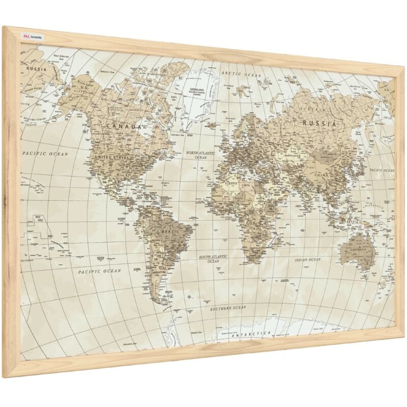 Tableau magnétique image carte du monde beige couleurs pastels 60x40cm dans un cadre en bois naturel