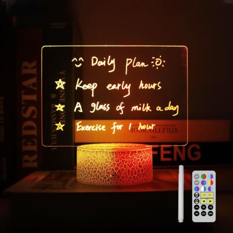 Tableau mémo en acrylique effaçable à sec avec lumière, 7 couleurs, tableau mémo de bureau transparent avec télécommande et minuterie, veilleuse 3D à intensité variable, panneau de messages lumineux