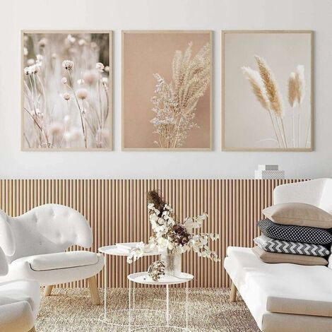 Tableau moderne Pampas herbe – Impression sur toile écologique – 3 pièces 20x30 cm – Décoration murale boho botanique
