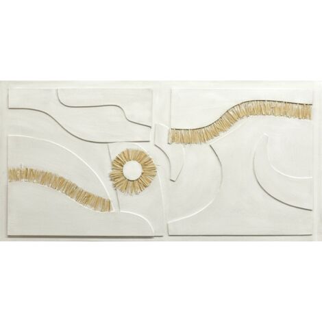 Tableau mural abstrait en relief motifs rafia beige et ocre - beige naturel et blanc cassé