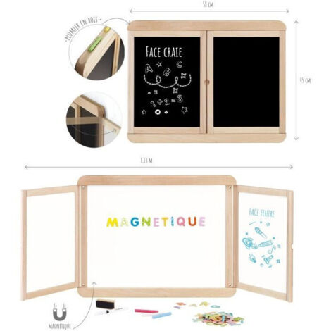 Tableau mural triptyque magnétique - JEUJURA - Ardoise centrale magnétique, 2 panneaux, côté blanc et côté craie