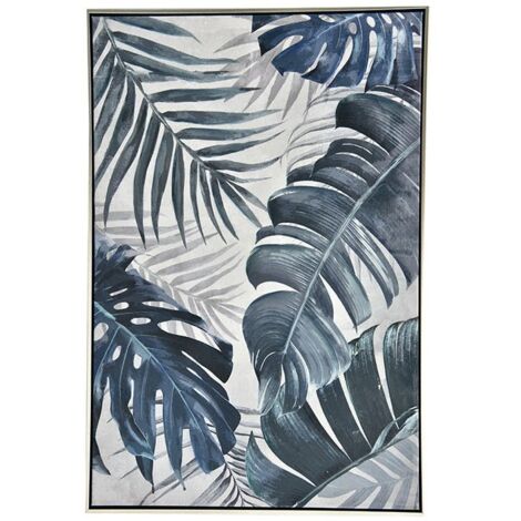 Tableau nature feuilles exotiques tons bleus cadre argent