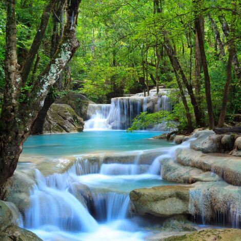 Tableau paysage cascade d'eau turquoise 50x50 cm – Impression UVgel pour couleurs profondes – Finition toile intissé premium – Hxadeco