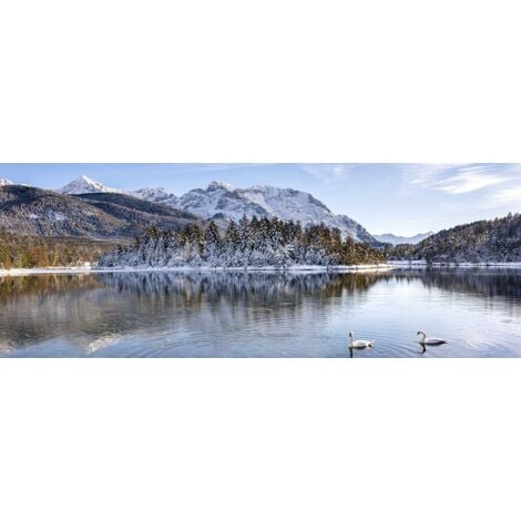 Tableau paysage cygnes en montagne - 80x30 cm