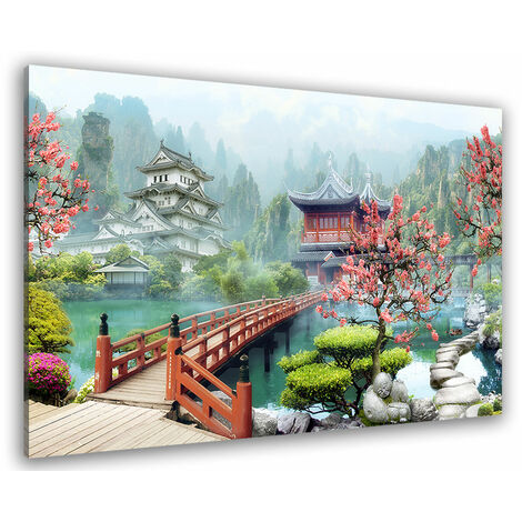 Tableau paysage illustré temple bouddhiste - 80x50 cm