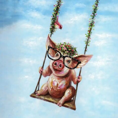 Tableau peinture Cochon à lunettes sur sa balançoire 50 x 50 cm - Riri - Multicolore