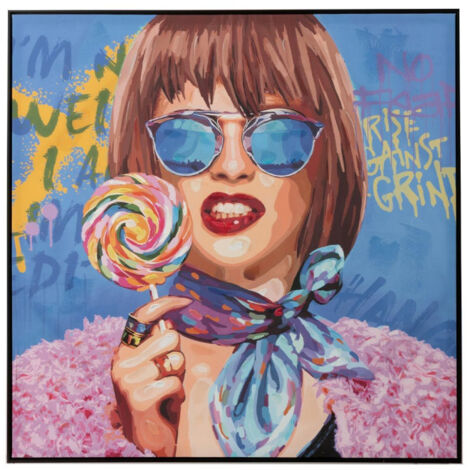 Tableau Peinture Femme Sucette "Pop Art" 100x100cm Multicolore