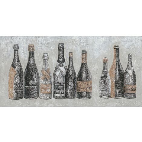 Tableau peinture vintage 9 bouteilles 120 x 60 cm - Champagne - Gris
