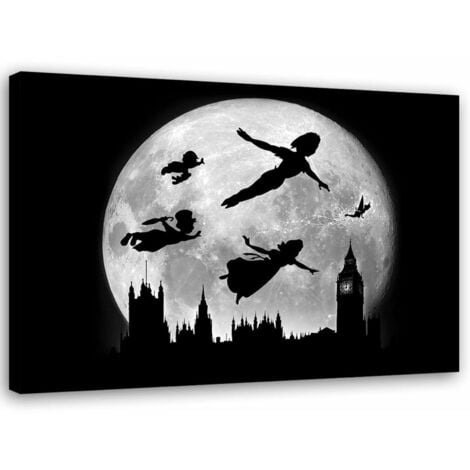 Tableau Peter Pan silhouettes sur fond de Lune