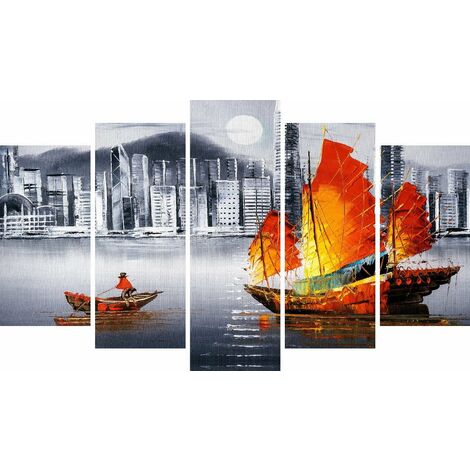 Tableau Port 4 - Decoration murale, ville et paysage - 5 pieces - pour Salon, Chambre - en Bois de Pin, Polyester, 100 x 3 x 60 cm