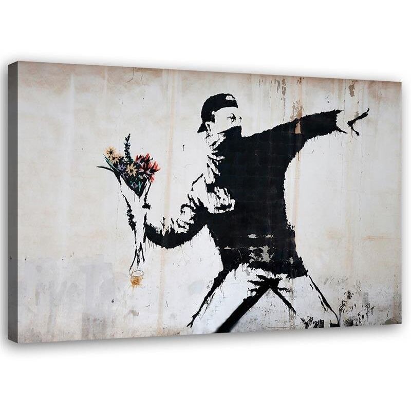 Tableau sur toile, Banksy Hooligan jetant un bouquet de fleurs - 60x40