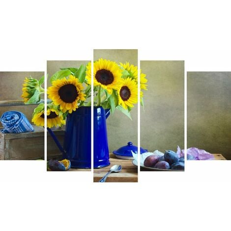 Tableau Sunflowers - Decoration murale, Nature - 5 pieces - pour Salon, Chambre - en Bois de Pin, Polyester, 100 x 3 x 60 cm