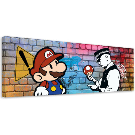 Tableau sur toile Banksy Mario et le policier 90x30