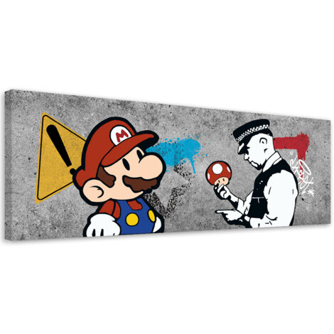 Tableau sur toile Banksy Mario et le policier 90x30