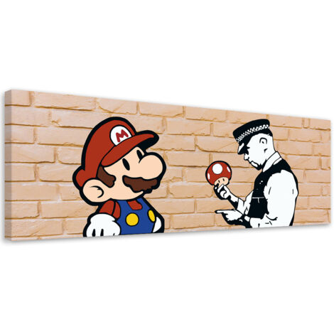 Tableau sur toile Banksy Mario et le policier 90x30