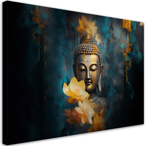 Tableau sur toile Bouddha et fleurs dorées 100x70