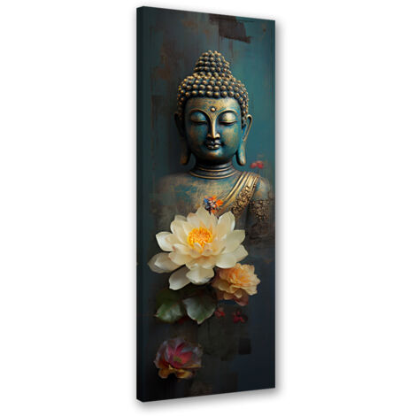 Tableau sur toile Bouddha et fleurs zen 30x90
