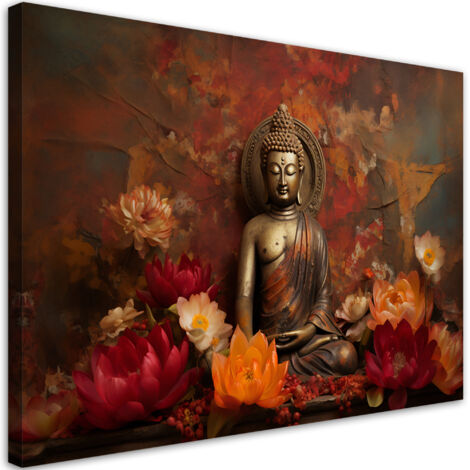 Tableau sur toile Bouddha méditant et fleurs colorées 100x70