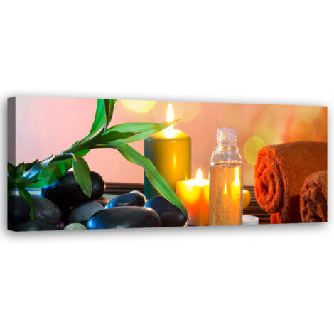 Tableau sur toile Bougie Zen Feuille Pierres 90x30