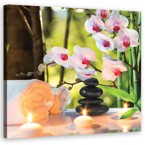 Tableau sur toile Bougies de spa et fleurs d'orchidées 30x30