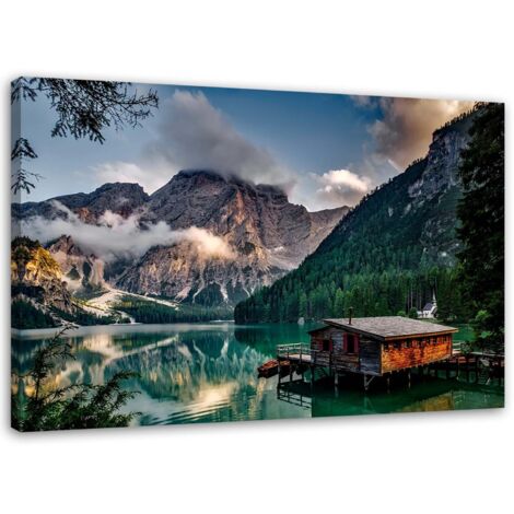 Tableau sur toile Cabane au bord d'un lac de montagne Dolomites 100x70