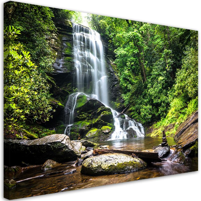 Tableau sur toile, Cascade dans la forêt verte - 100x70