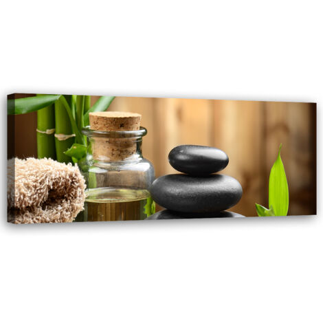 Tableau sur toile Composition zen de pierres noires et de bambous 90x30