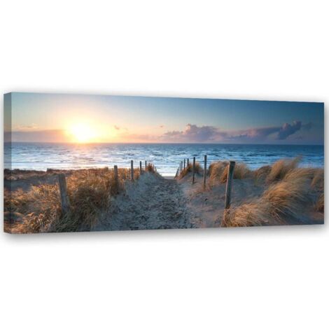 Tableau sur toile, Coucher de soleil sur la plage au bord de la mer - 90x30