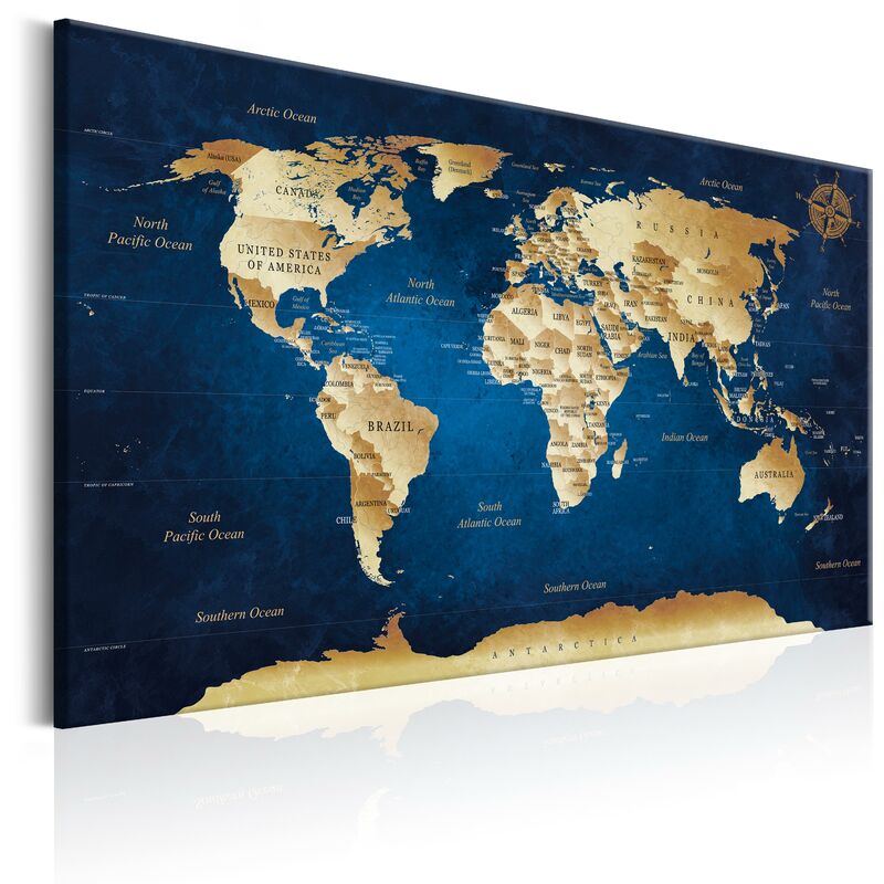 Décoshop26 - Tableau sur toile décoration murale image imprimée cadre en bois à suspendre Carte du monde : les profondeurs bleu foncé 120x80 cm