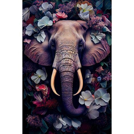 Tableau sur toile éléphant fleuri 45x65 cm - Impression sur Toile Murale Décorative - Image imprimée en HD sur Toile - Toile sur Châssis en Bois FSC - Fabriqué en France
