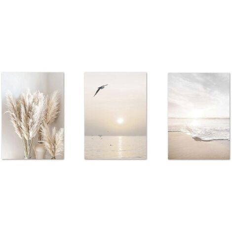 Tableau sur toile en 3 parties, beige, coucher de soleil sur la plage, palmiers --