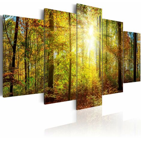 Tableau sur toile en 5 panneaux décoration murale image imprimée cadre en bois à suspendre Forêt mystique 100x50 cm - or