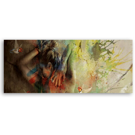 Tableau sur toile Femme et colibris 90x30