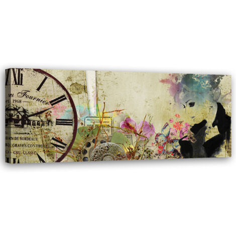 Tableau sur toile Femme et horloge vintage 90x30