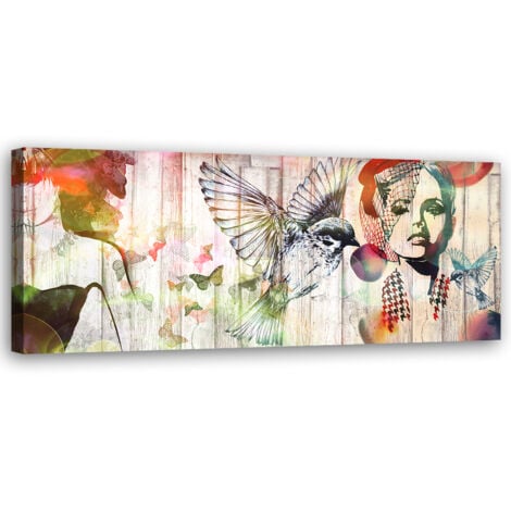 Tableau sur toile Femme oiseaux et papillons 90x30