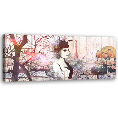 Tableau sur toile Femme sur fond de Tour Eiffel 90x30