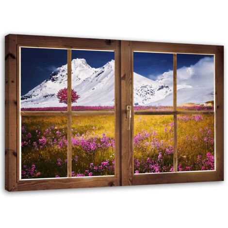Tableau sur toile Fenêtre vue fleurs nature montagne 90x60