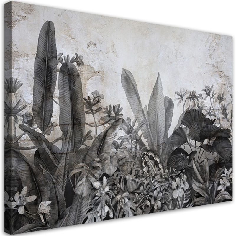 Tableau sur toile, Feuilles exotiques sur fond béton - 120x80