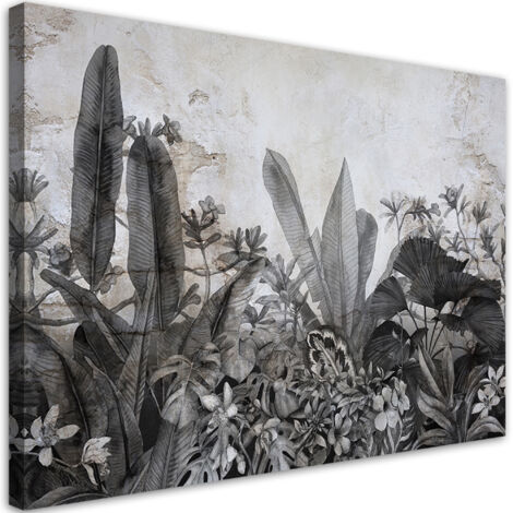 Tableau sur toile, Feuilles exotiques sur fond béton - 60x40