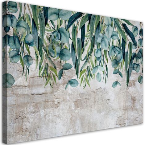 Tableau sur toile, Feuilles vertes sur fond béton - 60x40