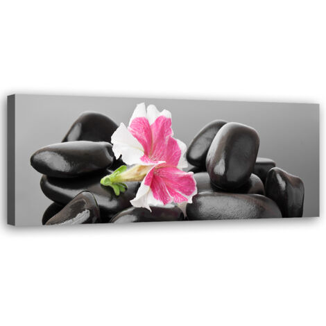 Tableau sur toile Fleur et pierres zen foncées 90x30