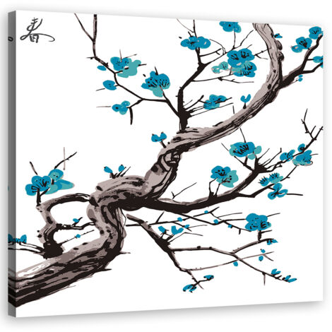 Tableau sur toile Fleurs de cerisier japonaises Bleu 60x60